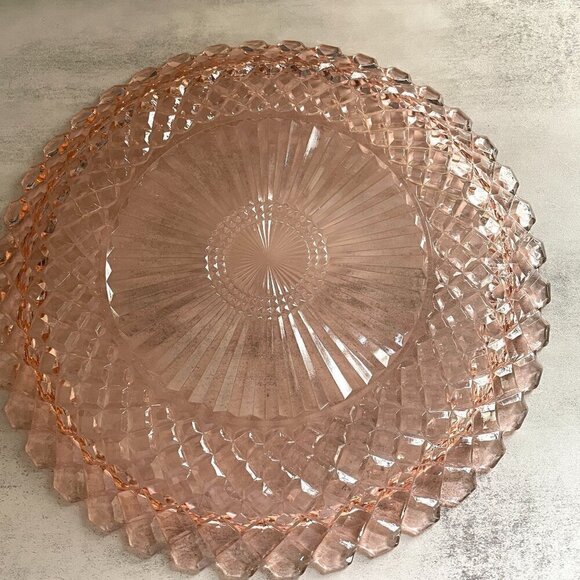 Vintage Anchor Hocking Waterford Waffle Depression Glass Pink Cake Plate 14" - Picture 2 of 5